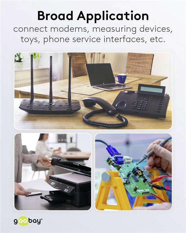 Veelzijdige toepassing: Verbinden van modems, meetapparatuur, speelgoed, telefoonaansluitingen etc.' Een laptop, router, printer en schakeling worden weergegeven.