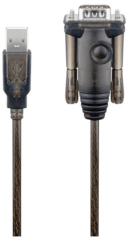 USB-naar-RS232-adapterkabel met een USB-stekker aan de linkerkant en een 9-pins seriële aansluiting aan de rechterkant voor het verbinden van oudere apparaten met moderne computers.