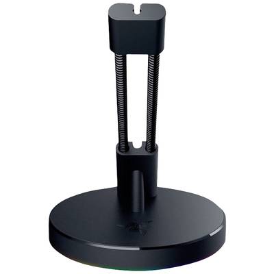 Een zwarte koptelefoonstandaard met een ronde voet en een slanke houder gemaakt van metalen veren. Ideaal voor het netjes opbergen van koptelefoons.