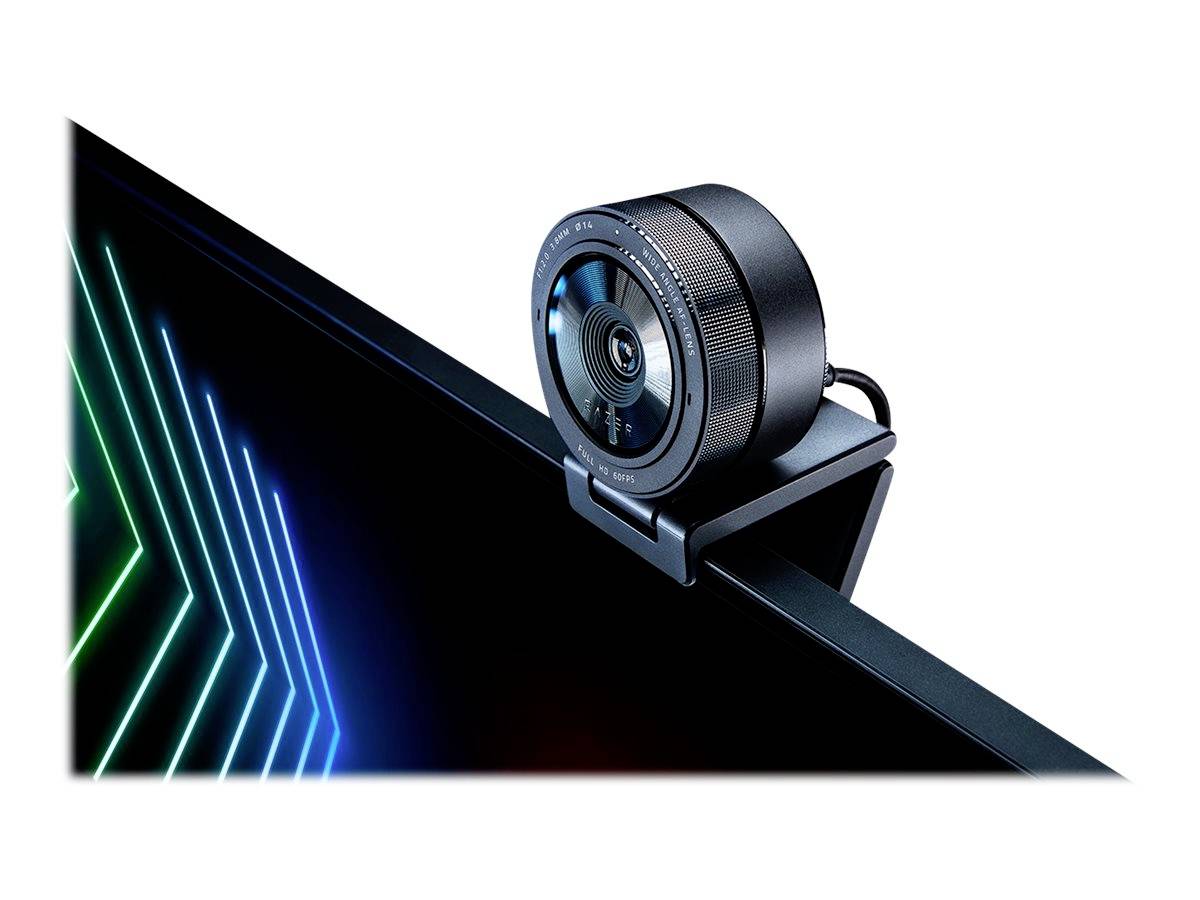 Een zwarte webcam is gemonteerd op een scherm. Het scherm toont een geometrisch, neonkleurig patroon.