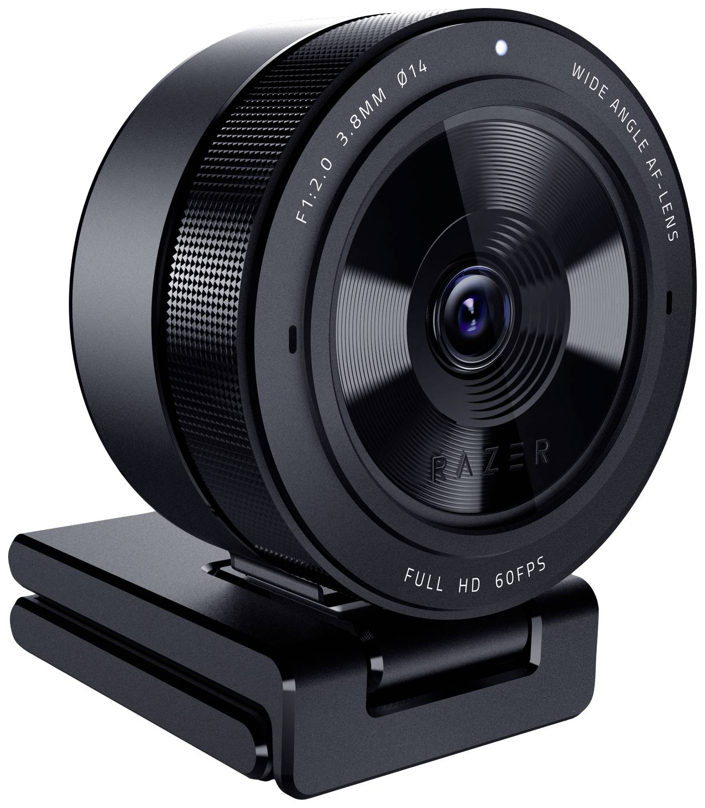 Een zwarte webcam met 1080p HD-resolutie en een groothoeklens, geschikt voor videoconferenties en streaming.
