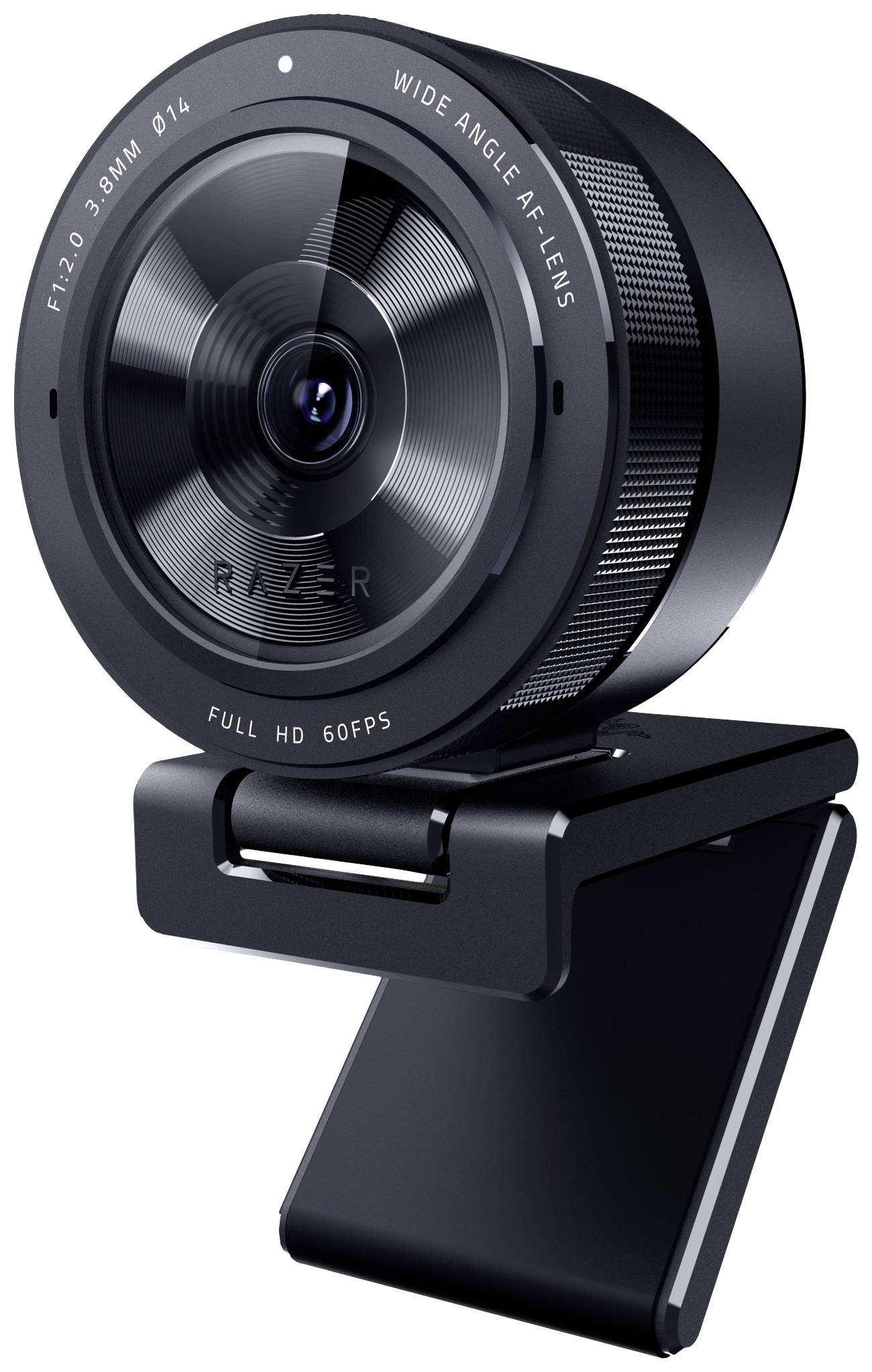 Een zwarte, ronde webcam met groothoeklens, gemonteerd op een verstelbare standaard. Hij biedt Full HD-resolutie bij 60 fps.