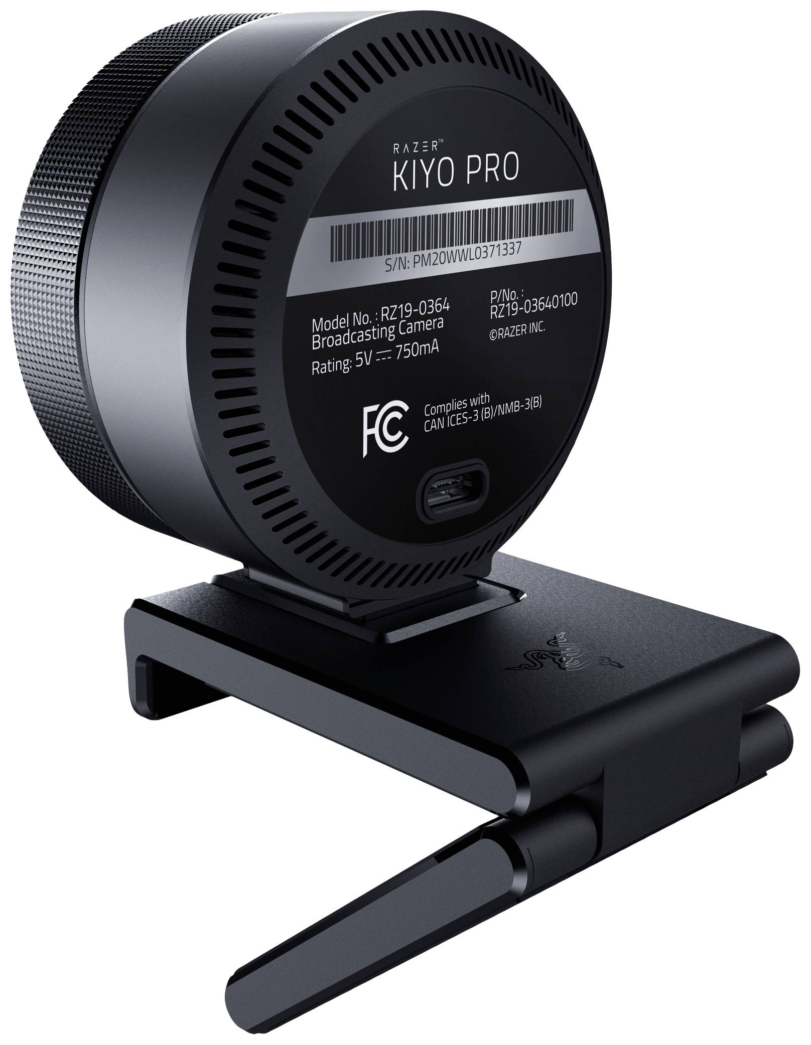 Een zwarte webcam met de tekst 'Razer Kiyo Pro' op de achterkant, gemonteerd op een opvouwbare standaard.