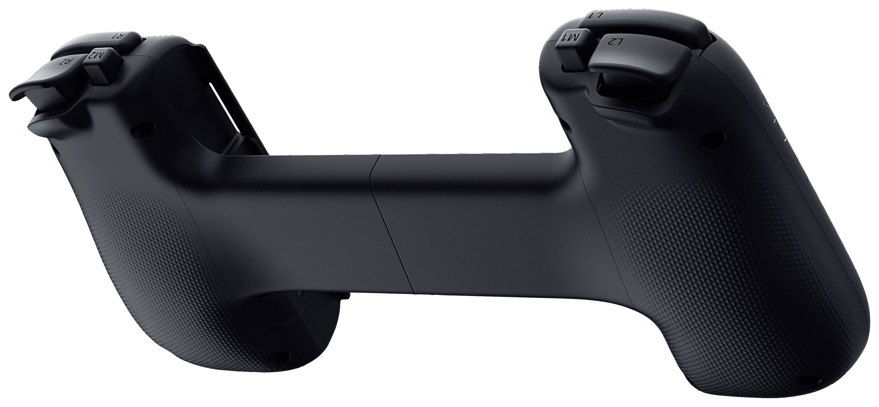 Een zwarte gamingcontroller gefotografeerd van achteren, met zichtbare schouder- en triggertoetsen.
