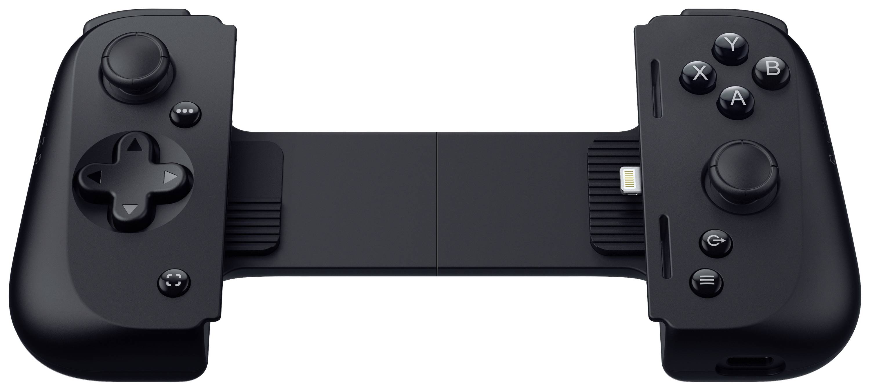 Zwarte, draagbare gamingcontroller met twee handgrepen, een kruistoets aan de linkerkant en A-, B-, X- en Y-knoppen aan de rechterkant.