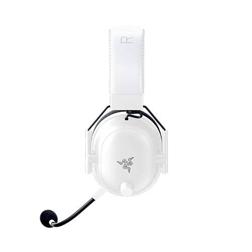 Wit gaming-headset met microfoon, met merklogo aan de zijkant.