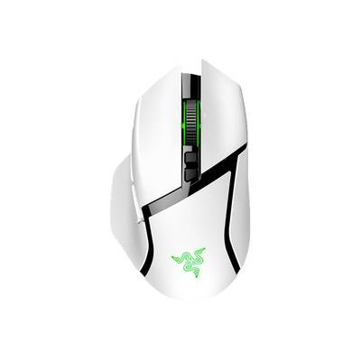 Witte computermuis met groen licht en logo. Modern design, geschikt voor gaming of kantoorgebruik.