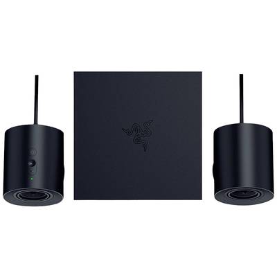 Twee zwarte luidsprekers en een vierkante subwoofer van Razer. De luidsprekers zijn cilindrisch met bedieningselementen.
