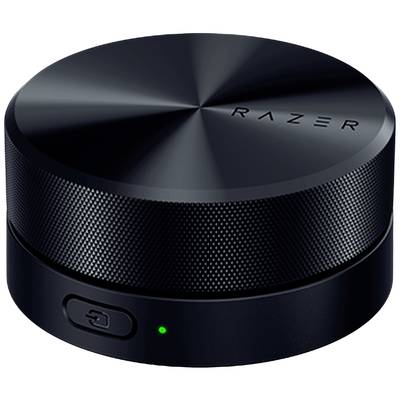 Zwarte ronde luidspreker met ribbels en het opschrift 'Razer' aan de bovenkant. Voorkant met knop en groene lichtindicator.
