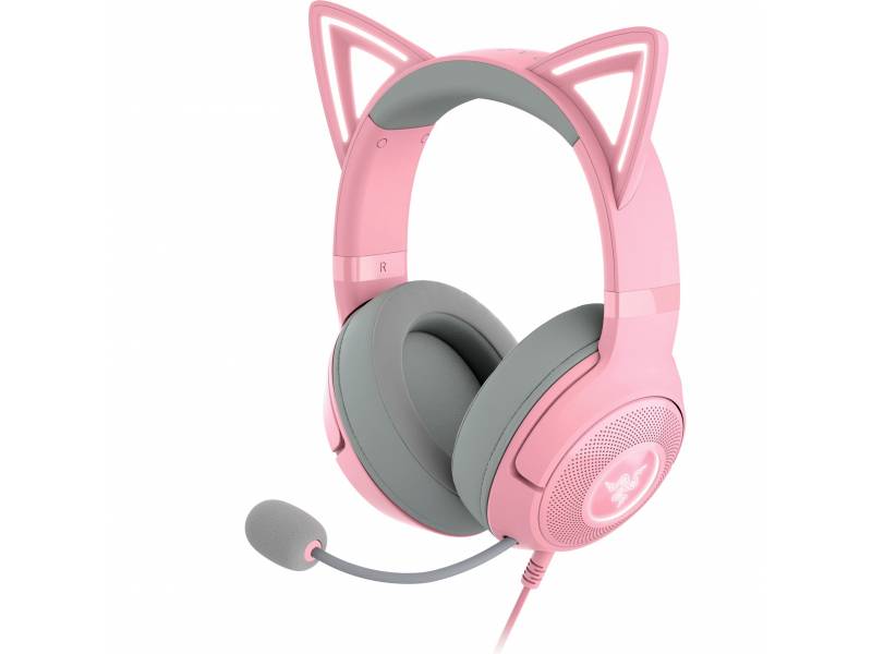 Roze koptelefoon met microfoon en kattenoorcovers, geschikt voor gaming of muziek luisteren.