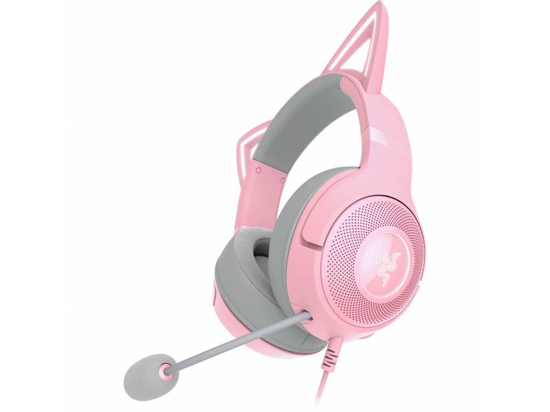 Een roze gaming-headset met kattenoren en microfoon.