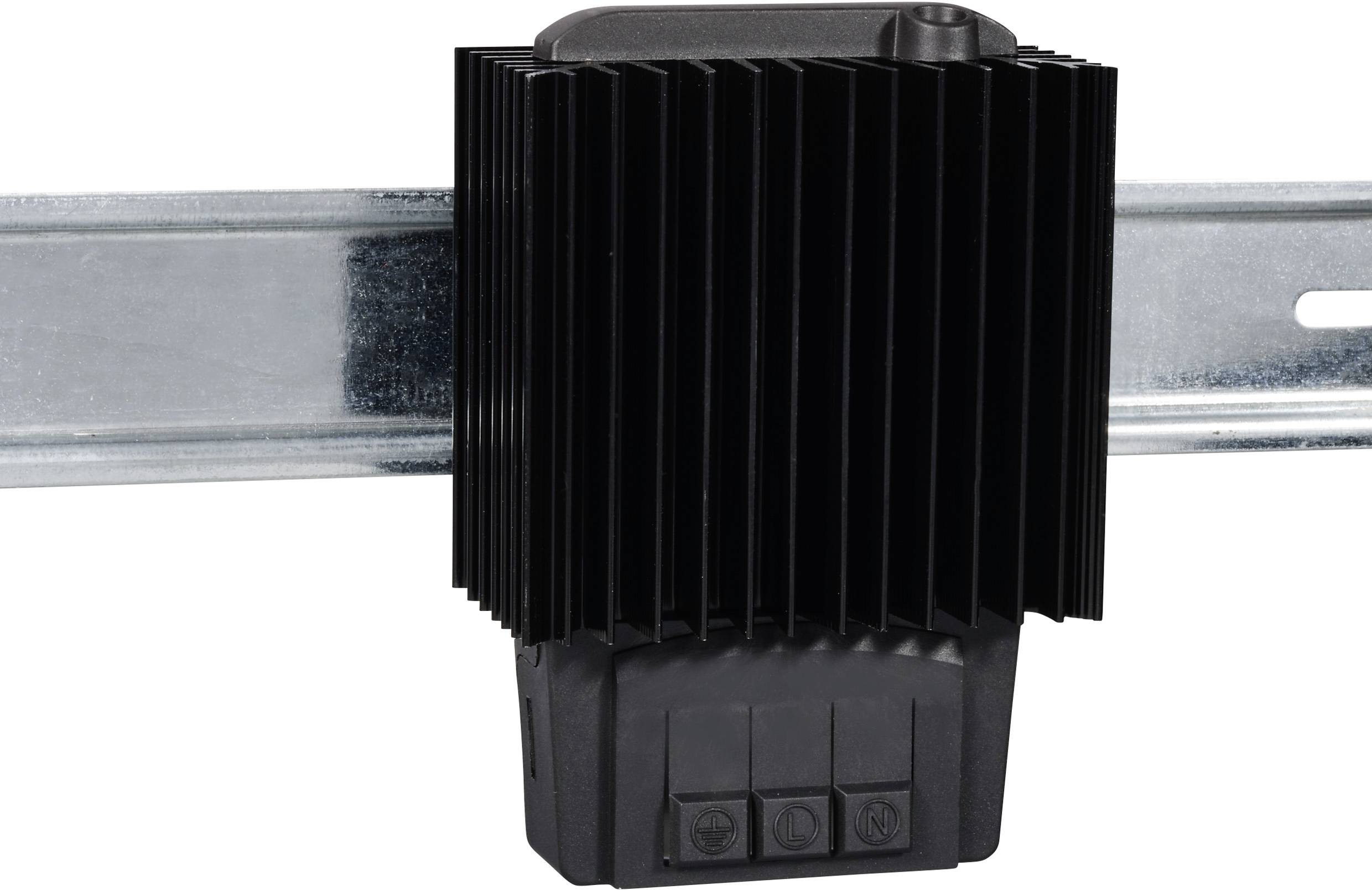 Elektronisch apparaat met een zwarte heatsink, gemonteerd op een metalen steun. Het heeft drie knoppen aan de onderkant.