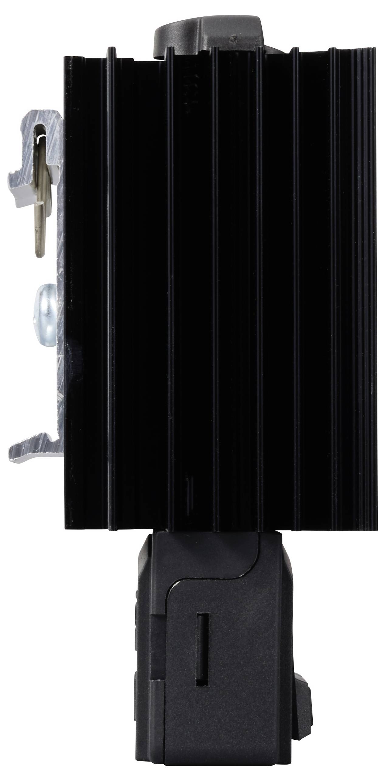 Een zwarte elektronische lichtdimmer met een metalen beugel aan de zijkant, gefotografeerd van opzij. Geschikt voor standaard elektrische installaties.