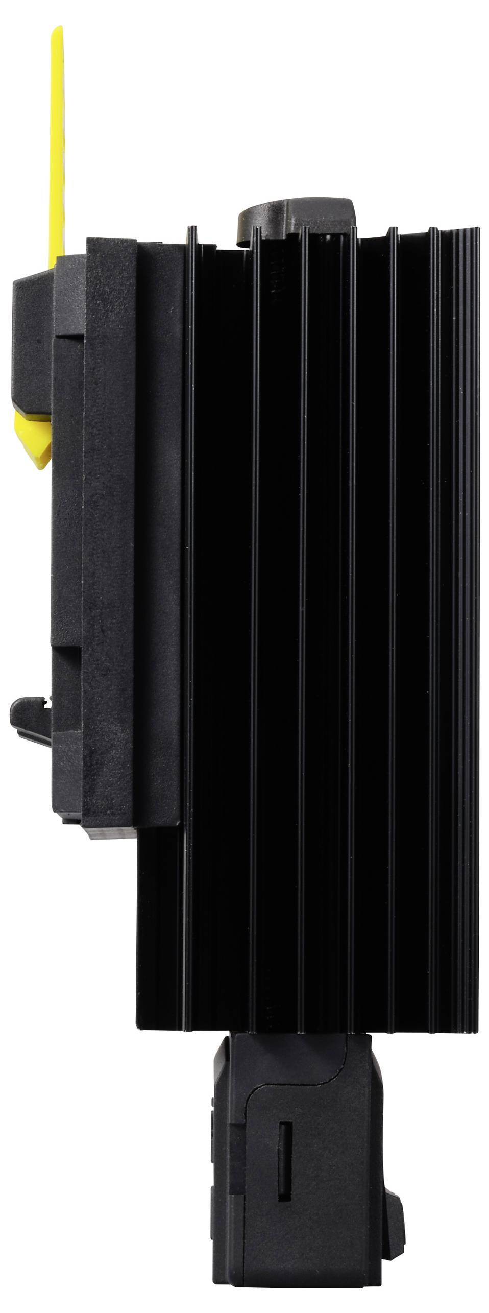 Een zwart, rechthoekig elektronisch apparaat met koelribben en een gele hendel aan de zijkant, verticaal gepositioneerd.