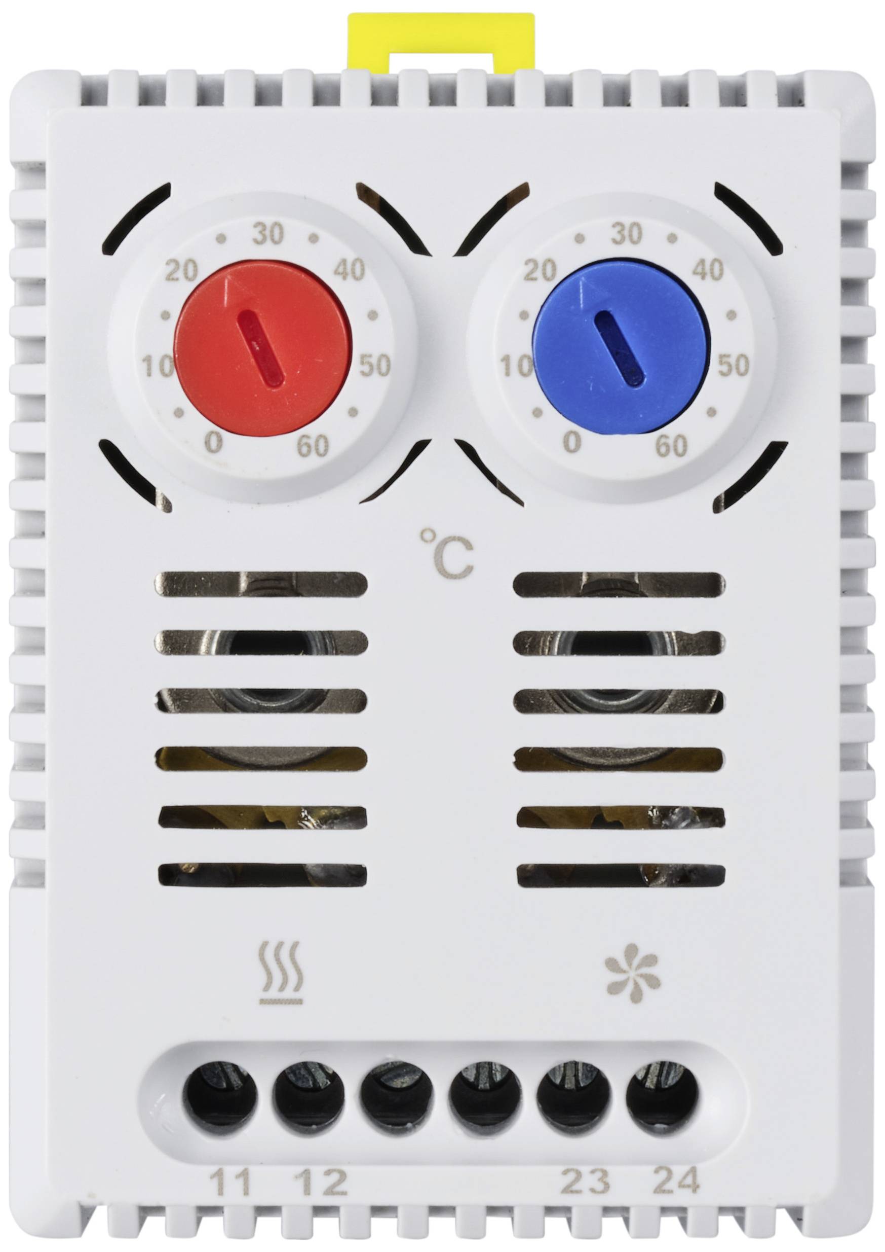 Een radiatorthermostaat met twee draaiknoppen: links rood voor verwarmen, rechts blauw voor koelen. Temperatuurbereik van 0° tot 60°C.