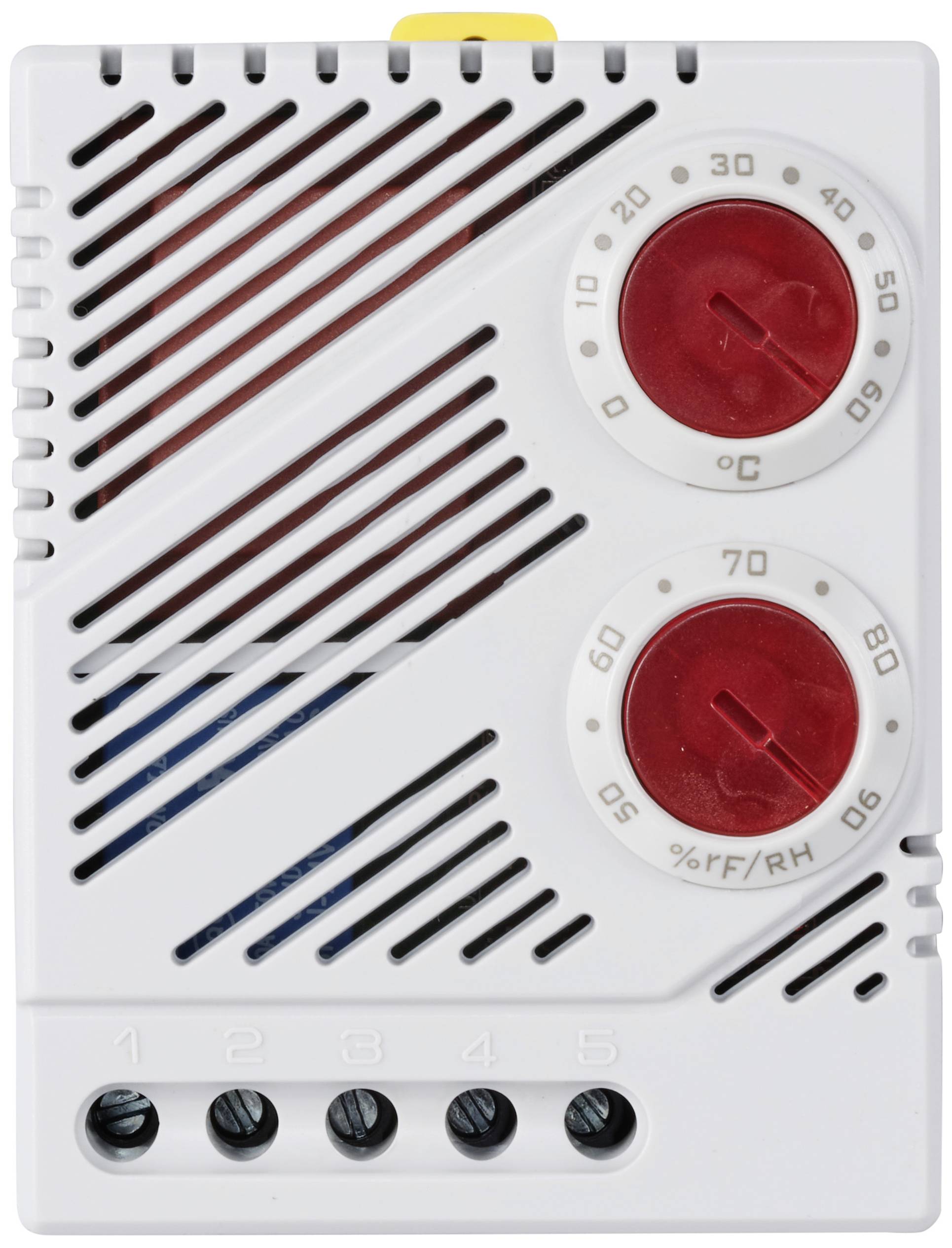 Een wit behuizing met twee rode draaiknoppen, gemarkeerd met '°C' en '% FF/RH', en ventilatiesleuven. Besturingsapparaat voor temperatuur en luchtvochtigheid.
