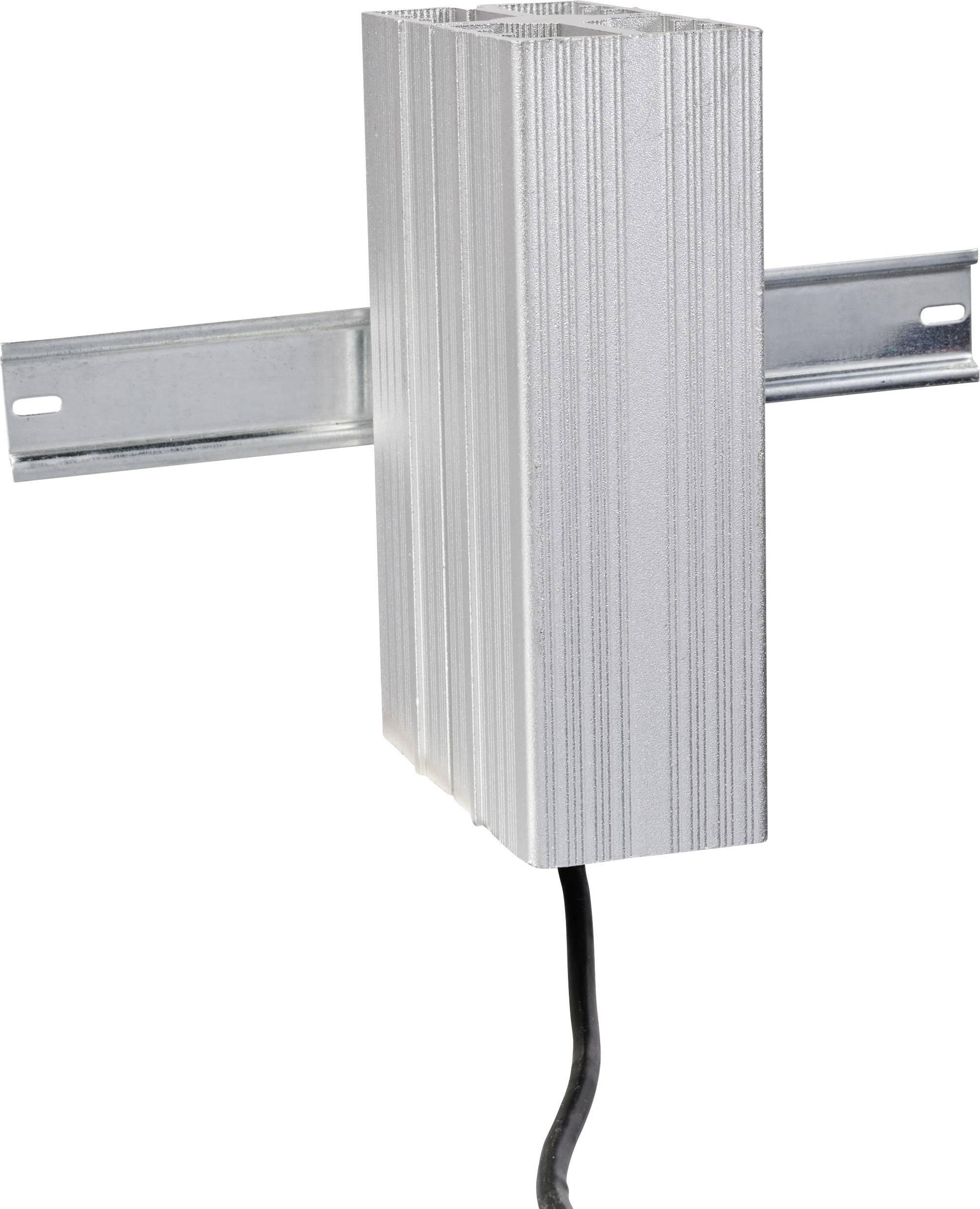Een rechthoekige aluminium warmteafleider, gemonteerd op een metalen rail, met een zwart kabel eronder.