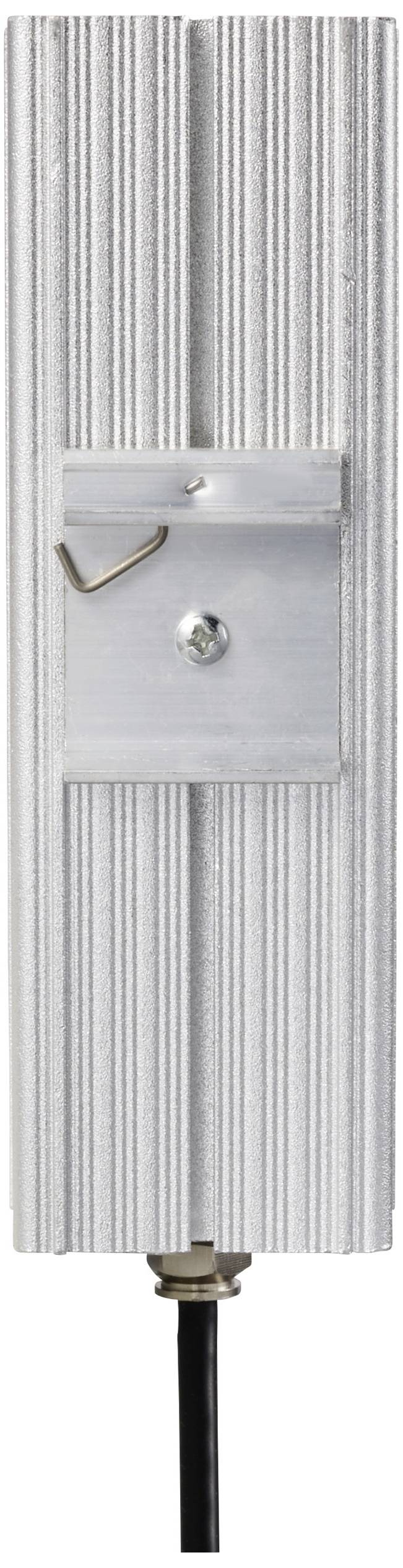 Een verticale metalen blok met groeven, waaraan de voorkant een haak met een metalen plaat is bevestigd, onderaan een kabelaansluiting.