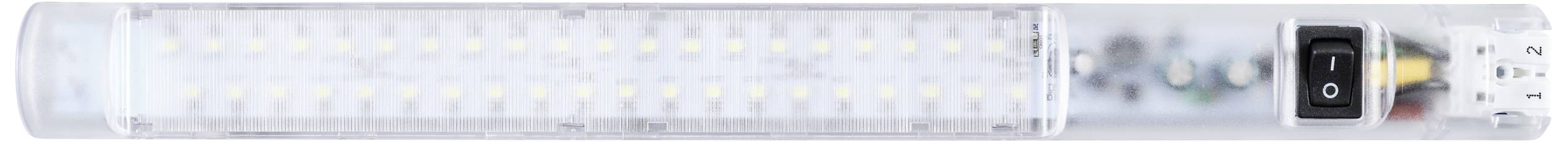 Een smal, langwerpig LED-strip met een schakelaar aan de zijkant. Geschikt voor verlichtingsdoeleinden in nauwe ruimtes.