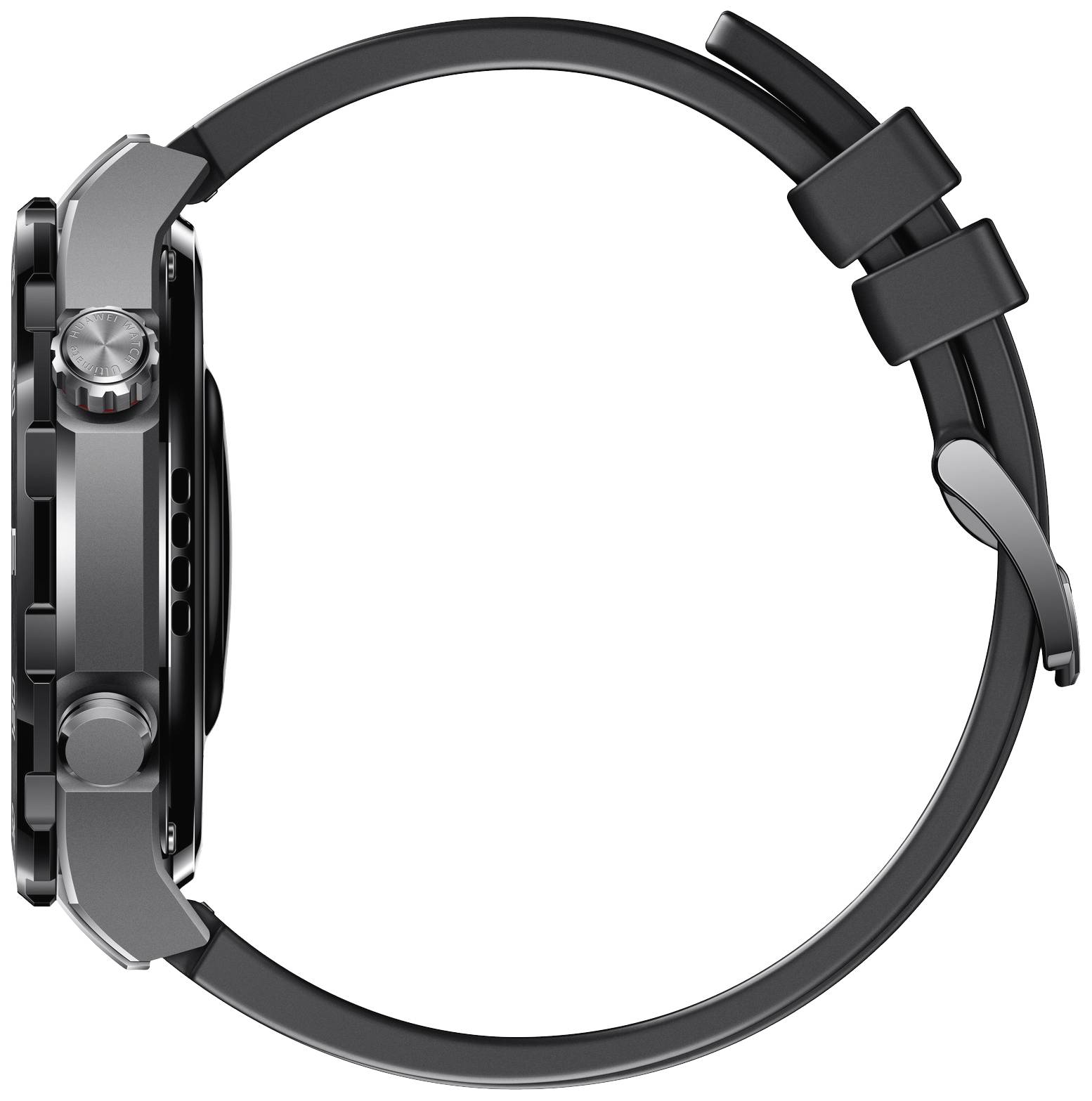 Smartwatch met zijaanzicht, toont een zwarte polsband en behuizing van metaal. Drie knoppen en een kroon aan de zijkant zichtbaar.