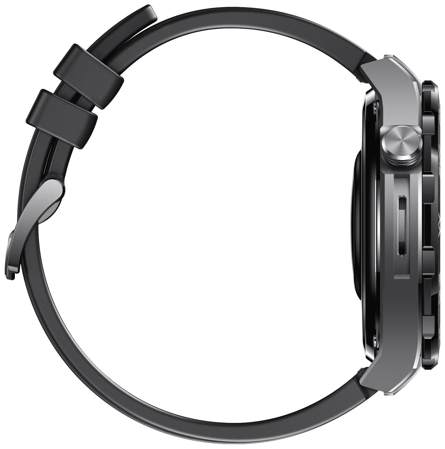 Smartwatch in zijaanzicht met een zwart bandje en een zilveren behuizing. Toont knoppen en een lunette aan de rechterkant.