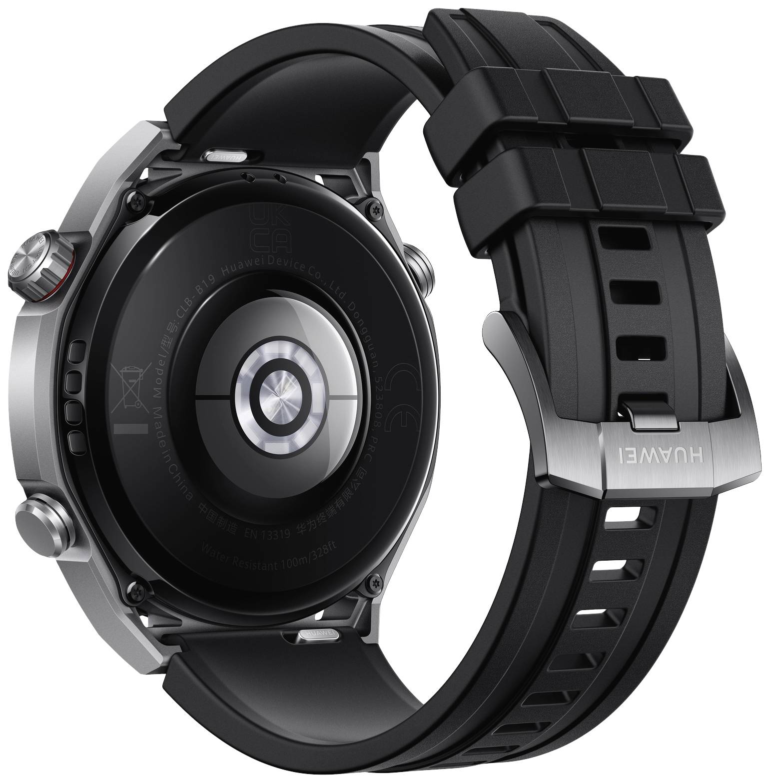 Een smartwatch met een zwarte band en een zilveren behuizing, gezien van achteren; toont sensoren en instelknoppen.