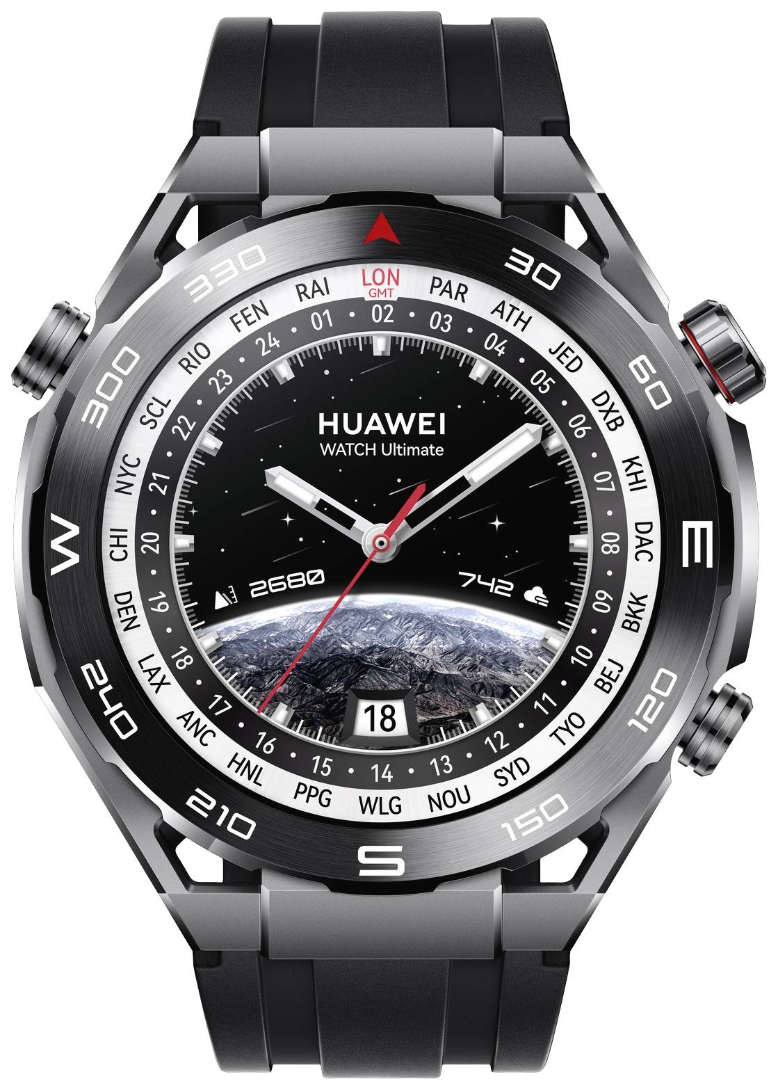 Zwarte Huawei-smartwatch met kompasontwerp, analoge wijzerplaat, datumweergave en zilveren behuizingsdetails.