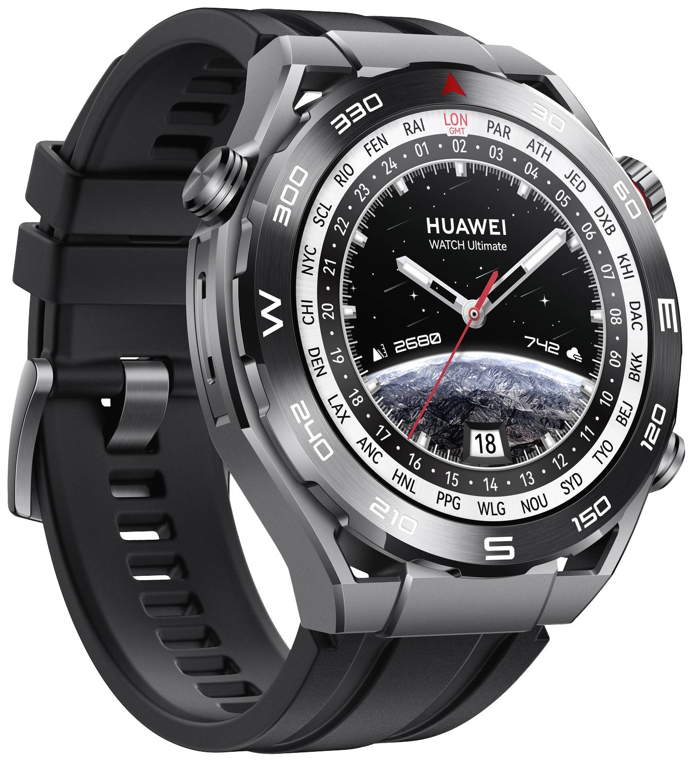 Een moderne, zwarte smartwatch met een metalen frame en een wereldkaart wijzerplaat toont de tijd, hoogte, temperatuur en datum.
