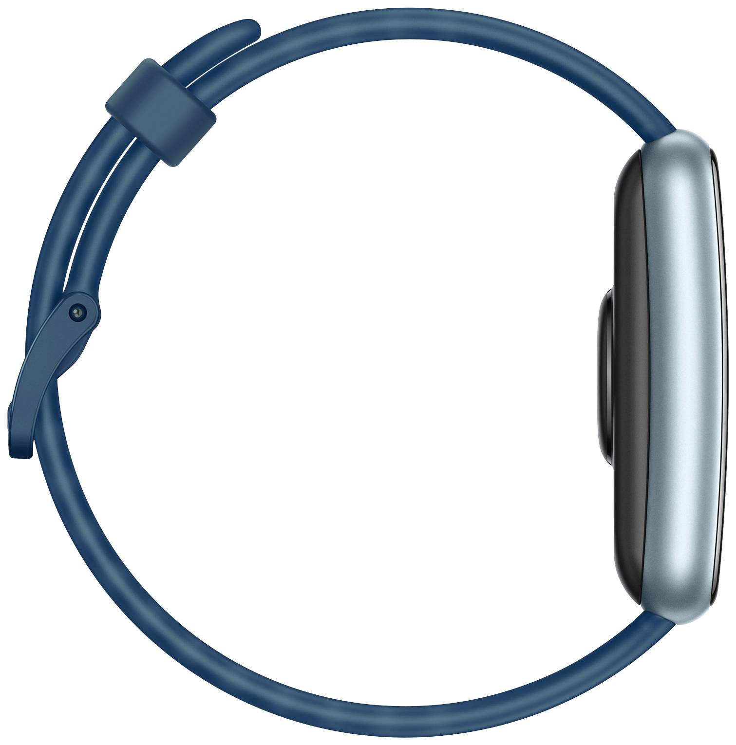 Een smartwatch met een blauw polsbandje, gezien van opzij. Het scherm toont geen weergave, alleen de behuizing en het bandje zijn zichtbaar.