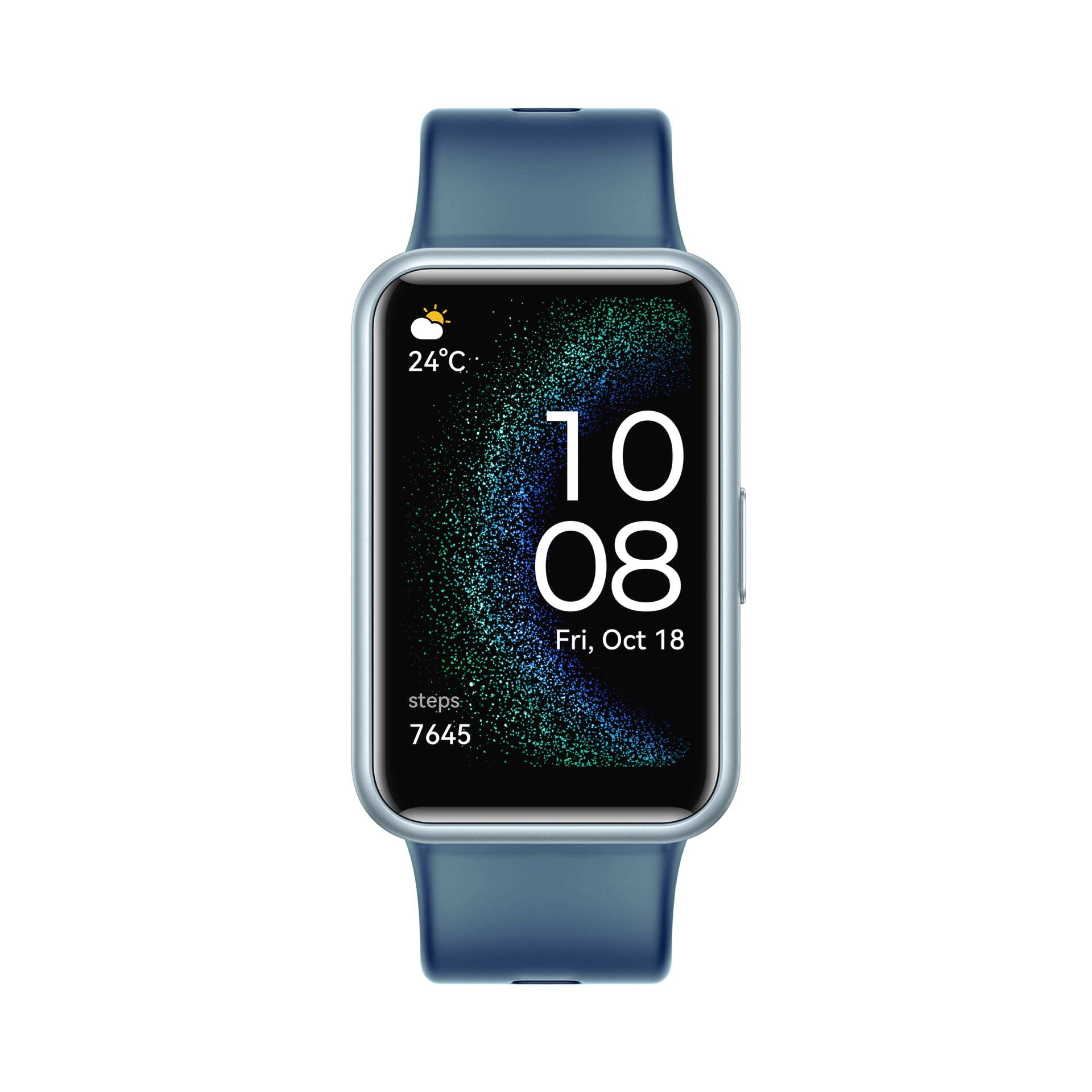 Smartwatch met blauw bandje toont weer (24°C), tijd (10:08) en datum (Vr, 18 okt) en stappen (7645) op het display.