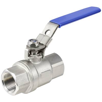 Een metalen kogelkraan met een blauwe hendel. De kraan wordt gebruikt om de stroom van vloeistoffen of gassen te regelen.