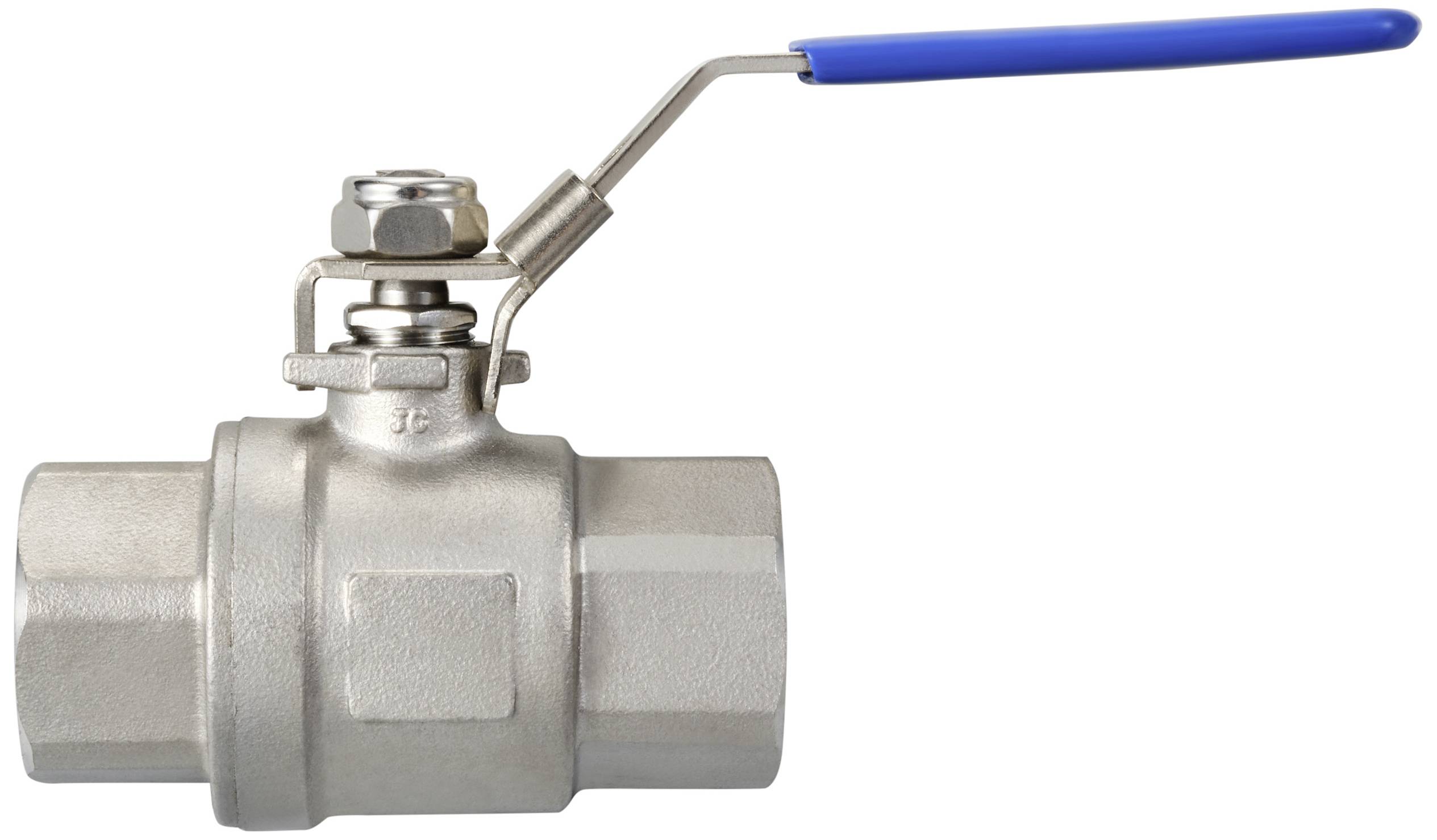 Metalen kogelkraan met blauwe hendel, meestal gebruikt voor het regelen van vloeistof- of gasstroom in buizensystemen.