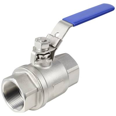 Metalen kogelkraan met blauwe hendel, toont de schroefdraad aan beide uiteinden, geschikt voor leidingen.