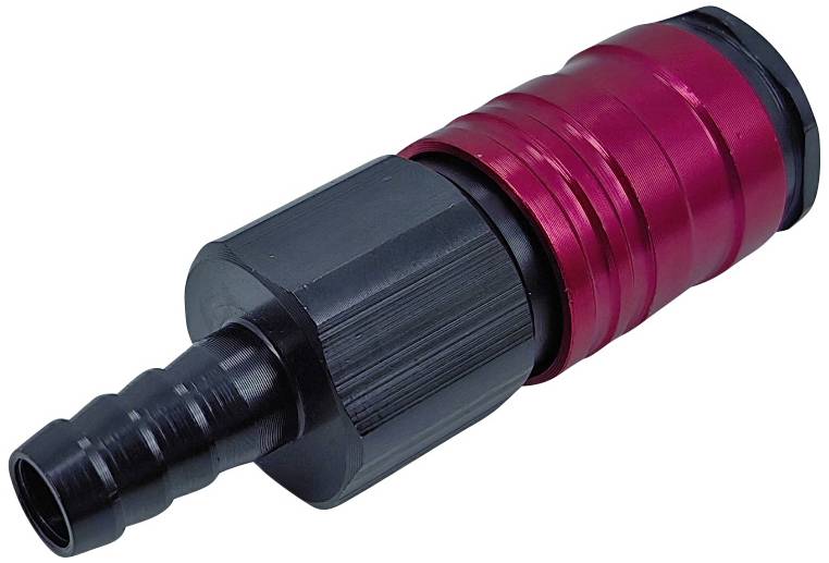 Een zwarte en rode adapter met een geribbelde greep en slangaansluiting, wordt gebruikt in hydraulische systemen.