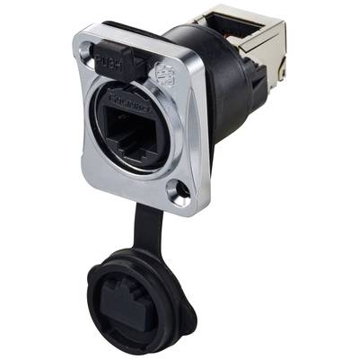 Stekkerdoos met zwarte afdekking en netwerkinterface, geschikt voor gegevensverbinding in technische toepassingen.