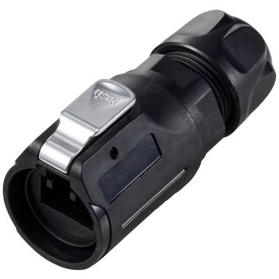 Een zwarte, cilindrische adapter met een metalen klem aan de zijkant. Geschikt voor elektrische aansluitingen.
