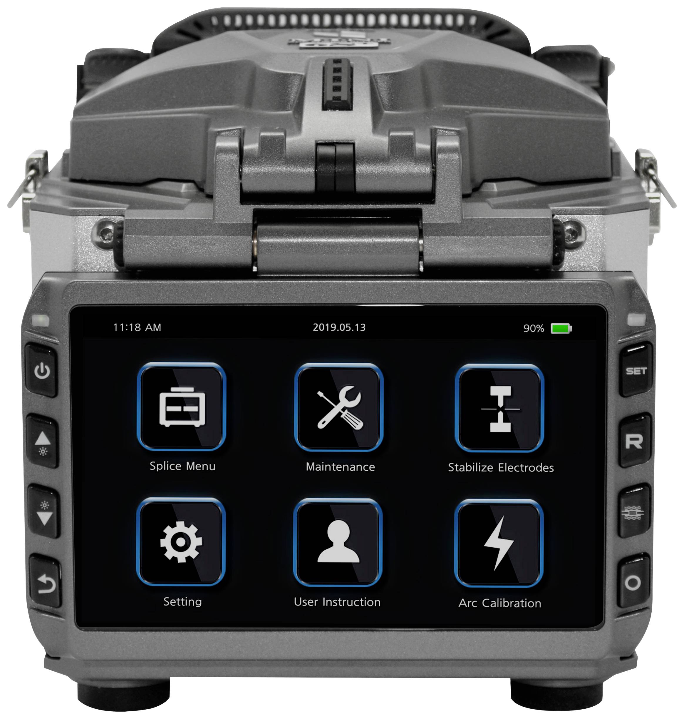 Een apparaat met een display dat zes symbolen weergeeft: 'Splice Menu', 'Onderhoud', 'Elektroden stabiliseren', 'Instellingen', 'Gebruikersinstructies', 'Boogkalibratie'.