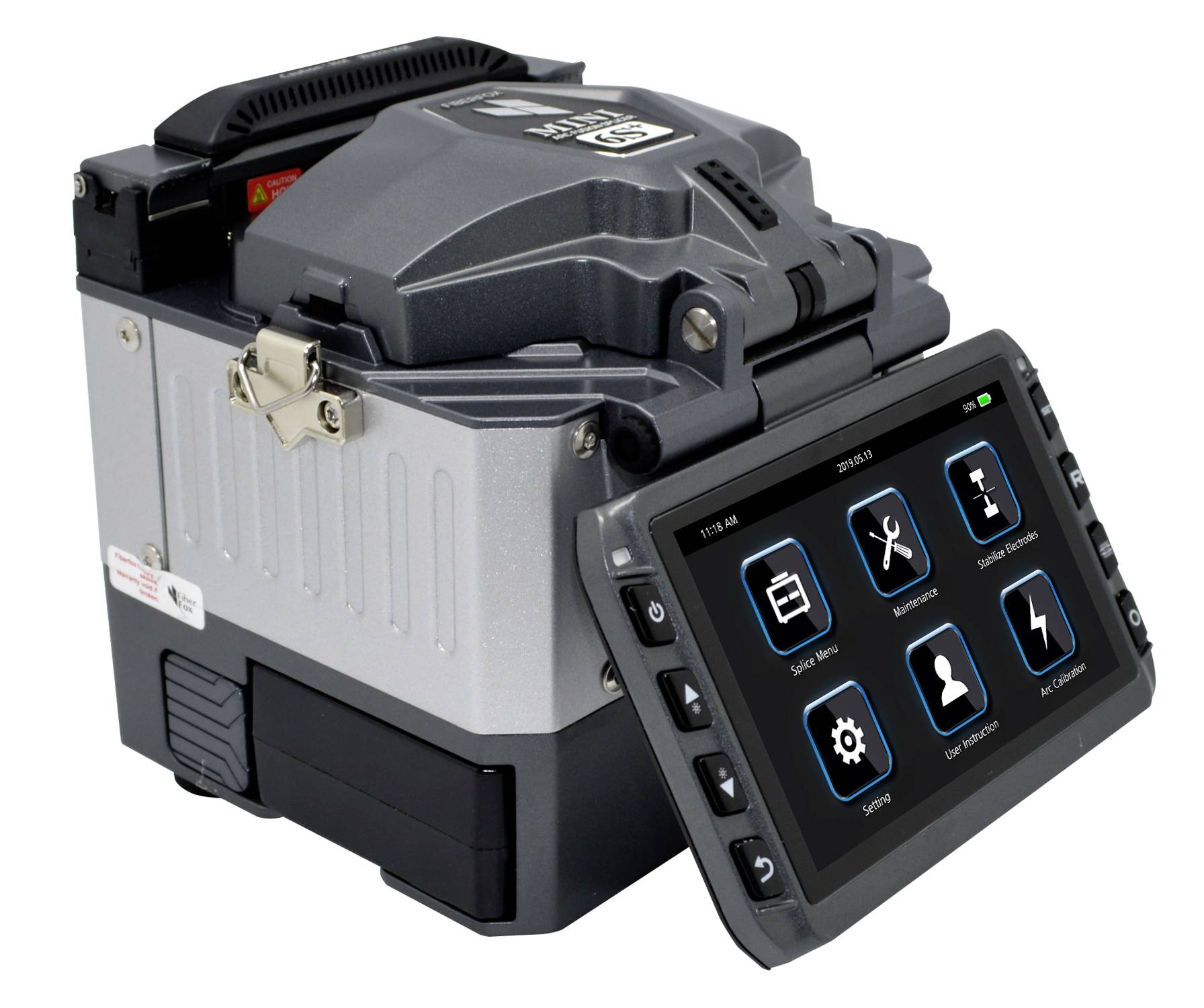 'Glasvezel lasapparaat met digitaal display toont symbolen voor instellingen, kalibratie en overige functies. Apparaat voor glasvezelverbindingen.'