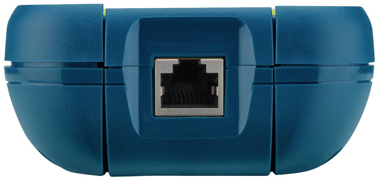 Een blauw elektronisch apparaat met een Ethernet-aansluiting in het midden. Het heeft afgeronde hoeken en een robuuste constructie.