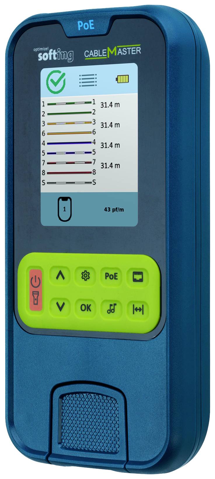 Een blauwe kabeltester toont op het display testresultaten met kabeldieptes van 31,4 m. De toetsen eronder zijn gekleurd gecodeerd.