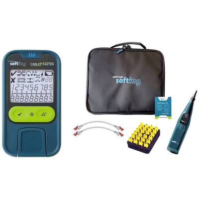 Kabeltester 'CableMaster 210' met digitaal display toont verschillende meetwaarden. Toebehoren: tas, kabel, adapter en handapparaat.
