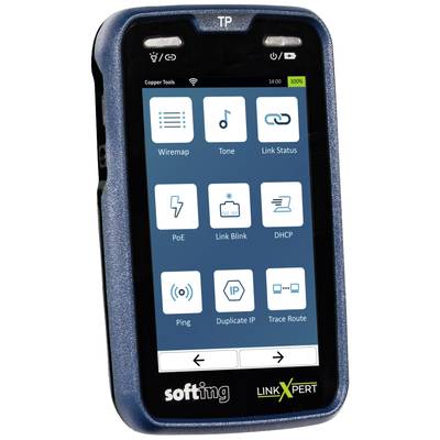 Handapparaat voor netwerktest, toont scherm met opties zoals 'Wiremap', 'Toon', 'Verbindingsstatus', 'PoE', 'DHCP' en meer.