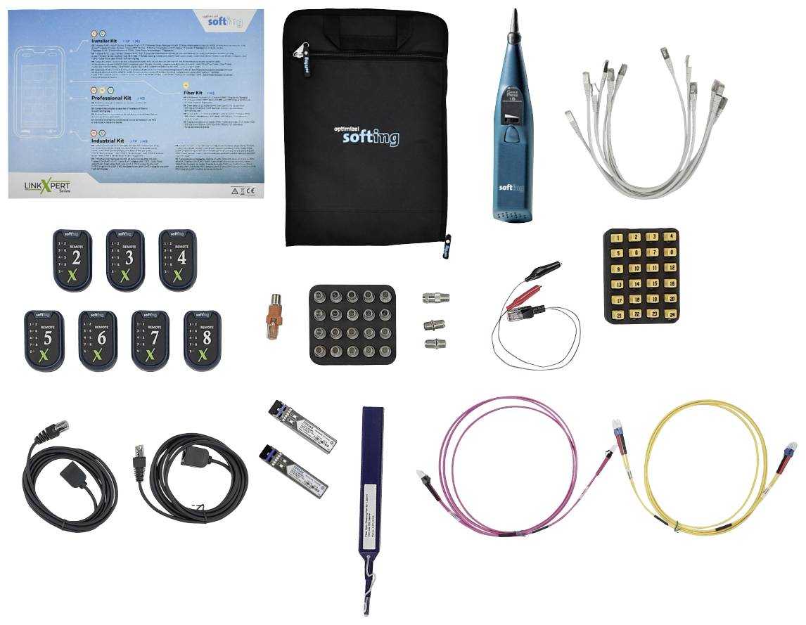 Een verzameling van netwerkdiagnosegereedschappen en toebehoren, inclusief kabels, testadapters, tassen en een handapparaat.
