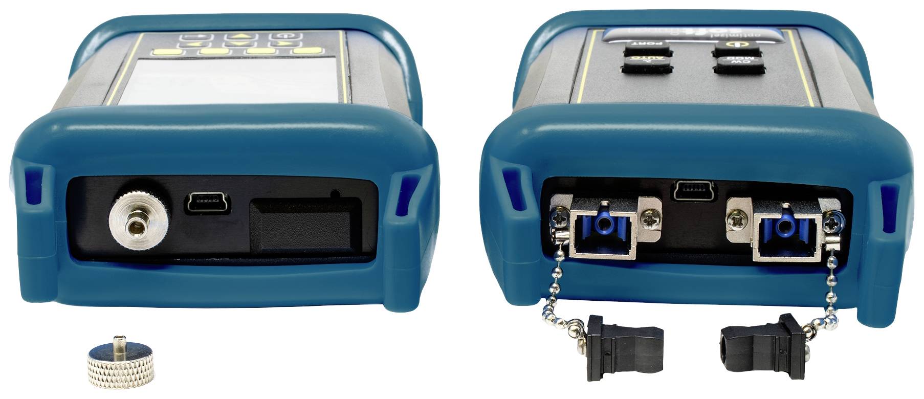 Apparaat met twee verschillende aansluitingen: links USB en een ronde aansluiting; rechts twee aansluitsleuven met deksels aan kettingen.
