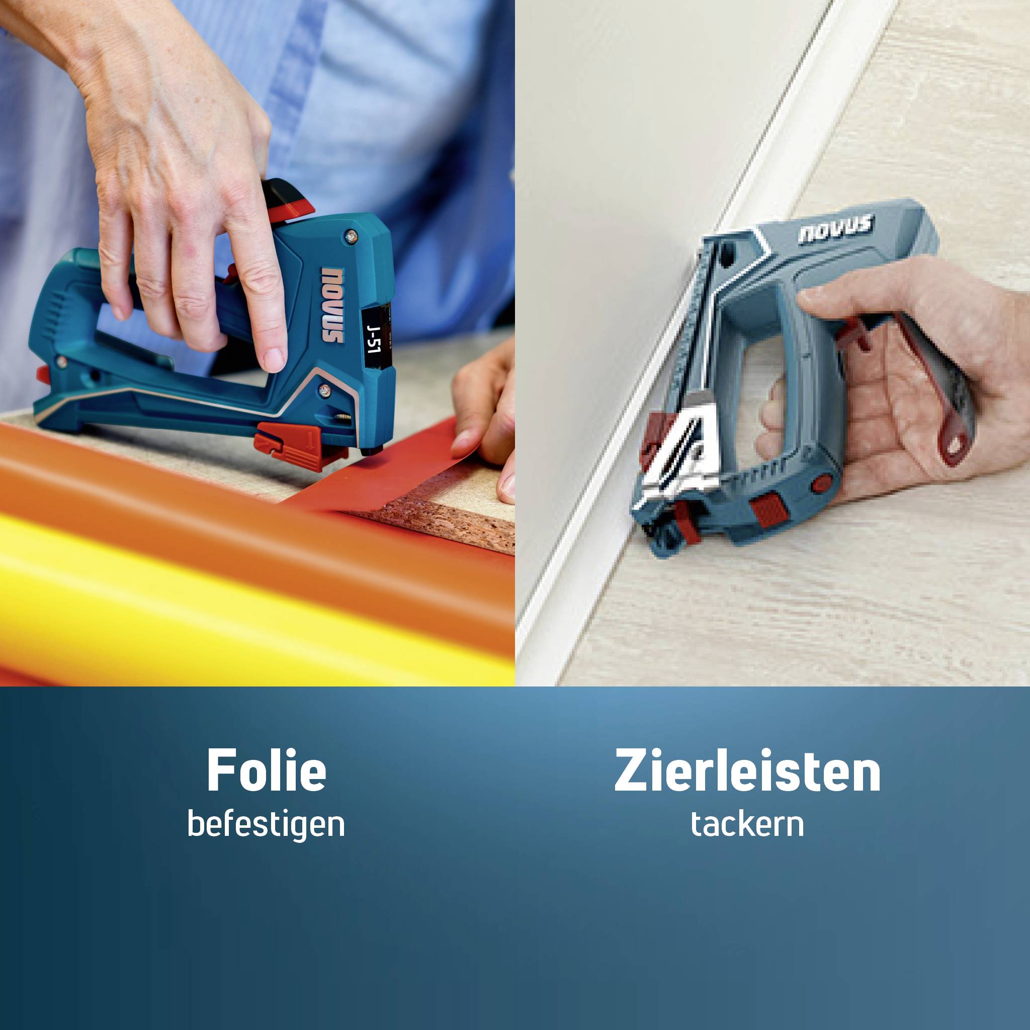 'Sierlijsten nieten en folie bevestigen' toont een hand die een nietpistool gebruikt. Het apparaat is blauw-rood en de omgeving laat ambachtelijk werk zien.