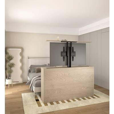 Een modern slaapkamer met een bed dat wordt verborgen door een houten tv-houder die een flatscreen-televisie draagt.