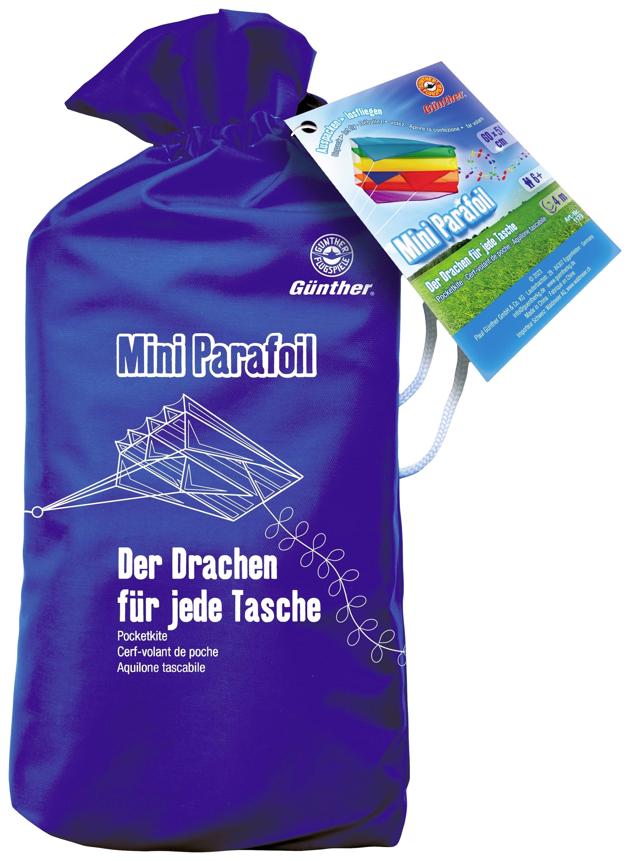 Blauwe tas met het opschrift 'Mini Parafoli, De vlieger voor elke tas'. Productetiket met gekleurde vliegerfoto.