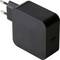 Een zwarte rechthoekige voedingsadapter met een Europlug en een USB-C-poort aan de zijkant, gebruikt voor het opladen van elektronische apparaten.