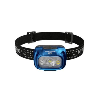 Een blauwe hoofdlamp met verstelbaar zwart bandje, merknaam 'NITECORE'. Geschikt voor buitenactiviteiten in het donker.