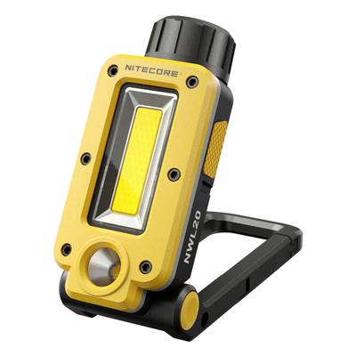Geel Nitecore NWL20 werklicht, draagbaar met verstelbare standaard. Geschikt voor buitenactiviteiten en noodsituaties.